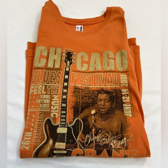 Perrin Other - 2009 Chicago Blues Festival T-Shirt LARGE Orange Bands Listed 2 Sided 26 Edition